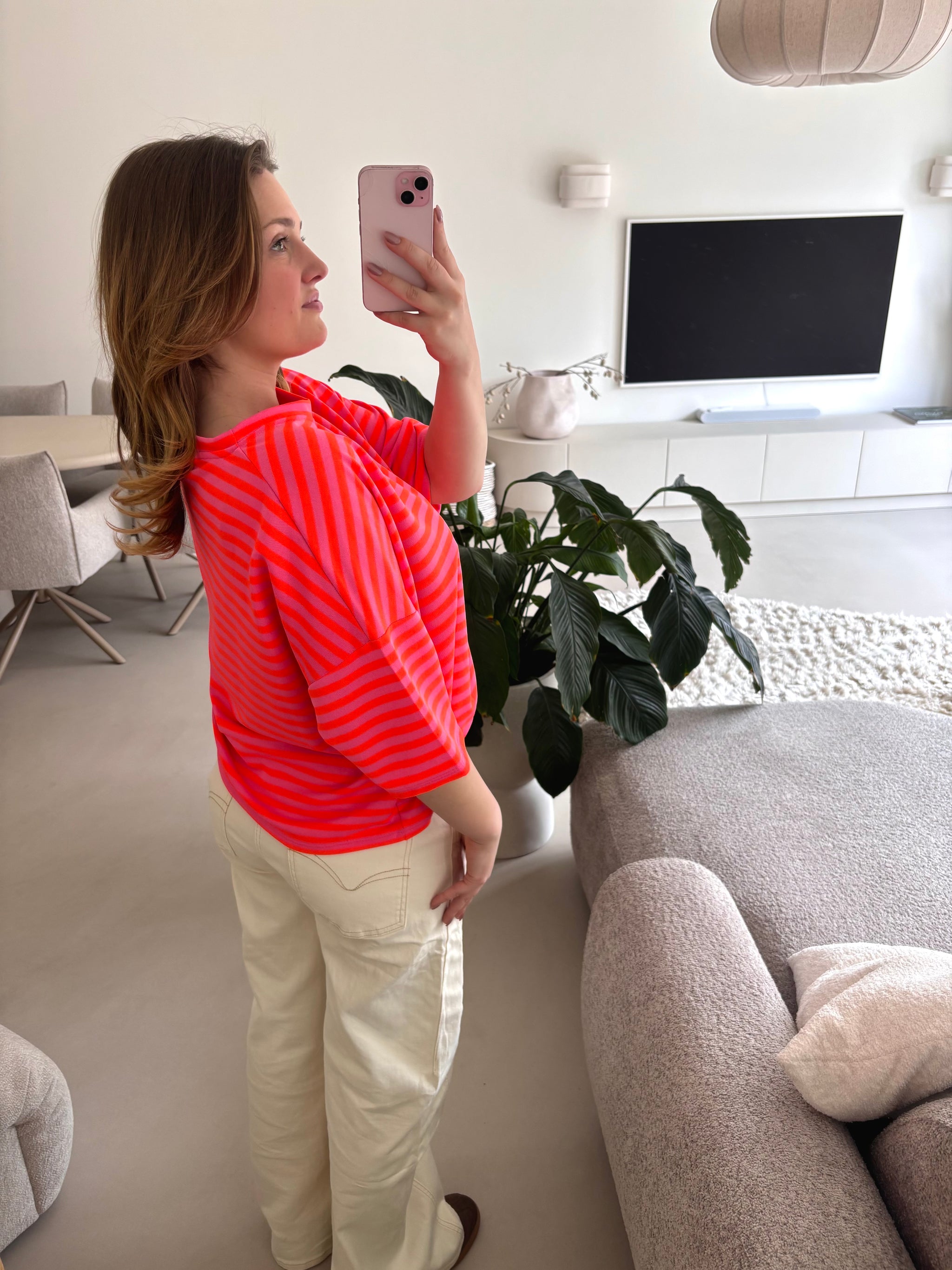 Short Sleeve striped Sweater - orange/pink