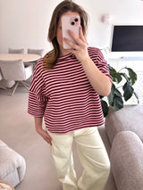 Short Sleeve striped Sweater - Bordeaux /pink