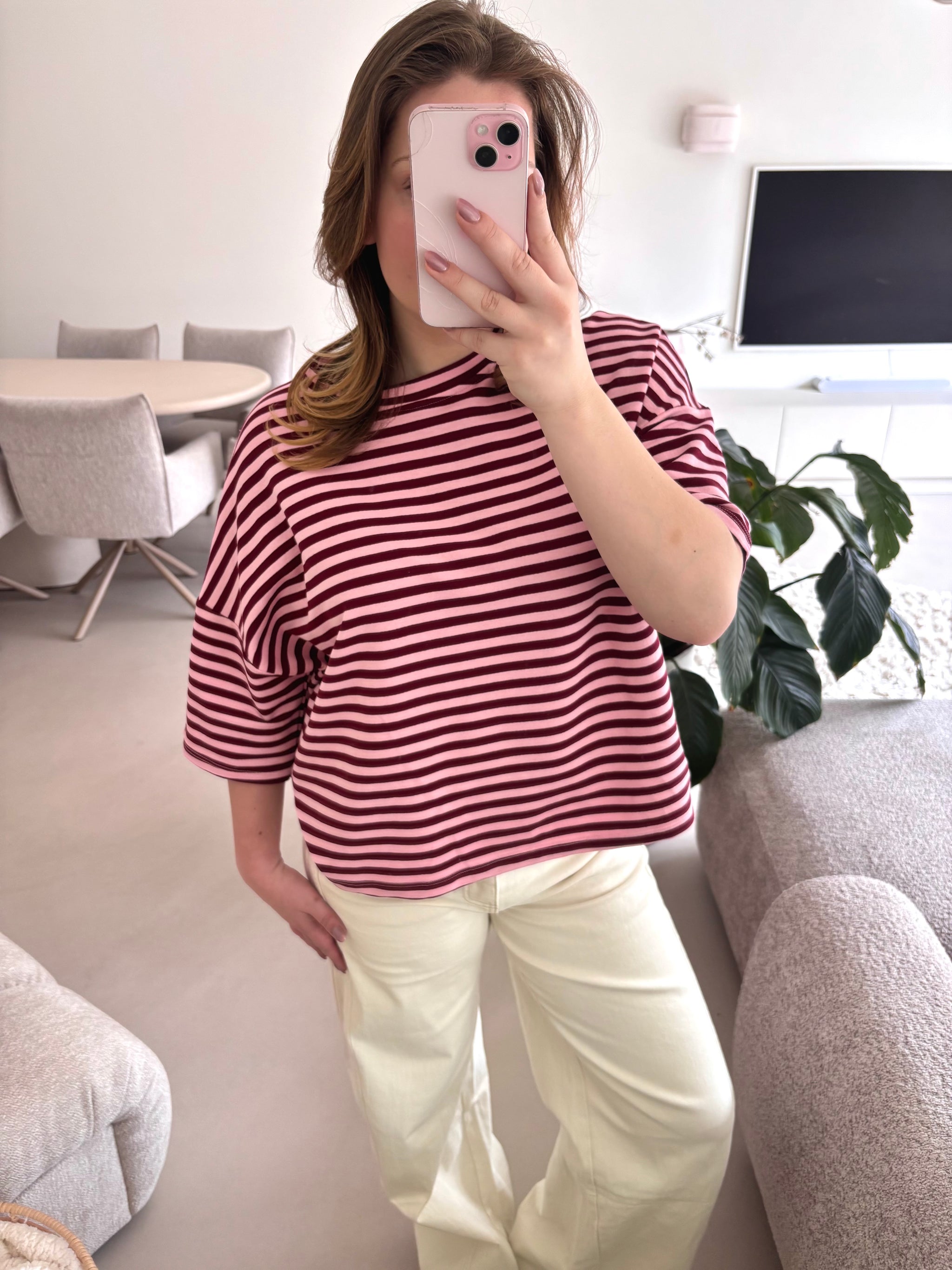 Short Sleeve striped Sweater - Bordeaux /pink