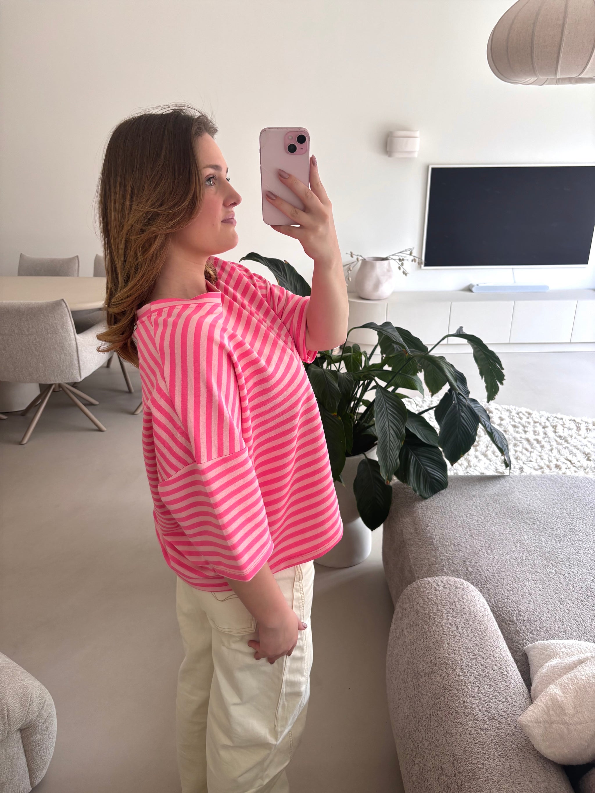 Short Sleeve striped Sweater - pink