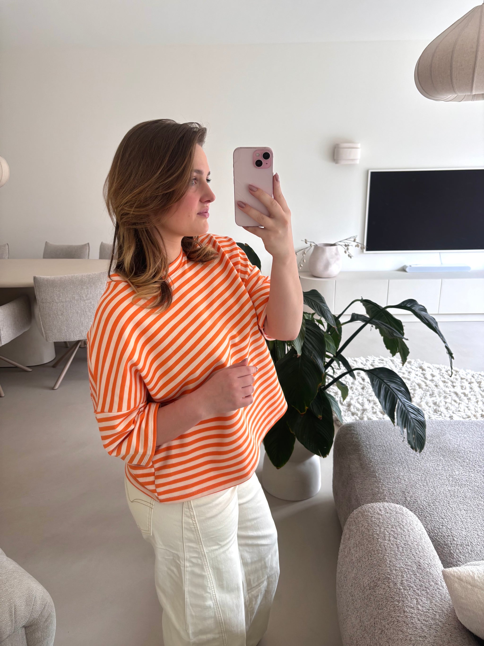 Short Sleeve striped Sweater - orange/cream