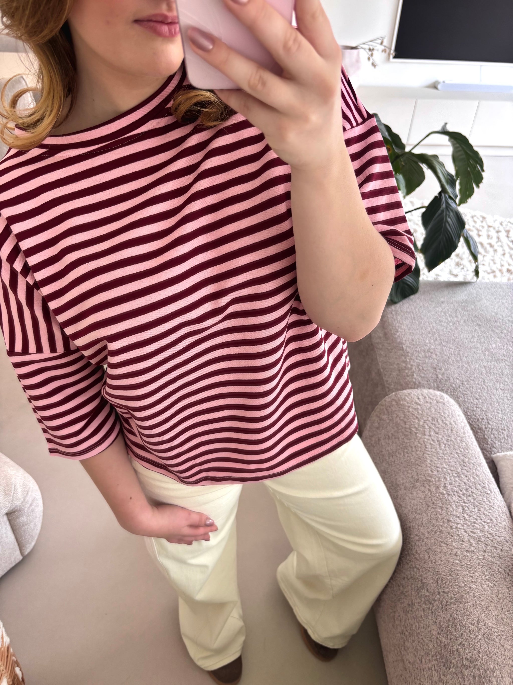 Short Sleeve striped Sweater - Bordeaux /pink