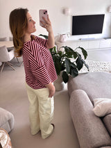 Short Sleeve striped Sweater - Bordeaux /pink