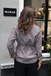 Gestreepte Blouse Dames met Taillekoord – Bruin/Wit | Lozo