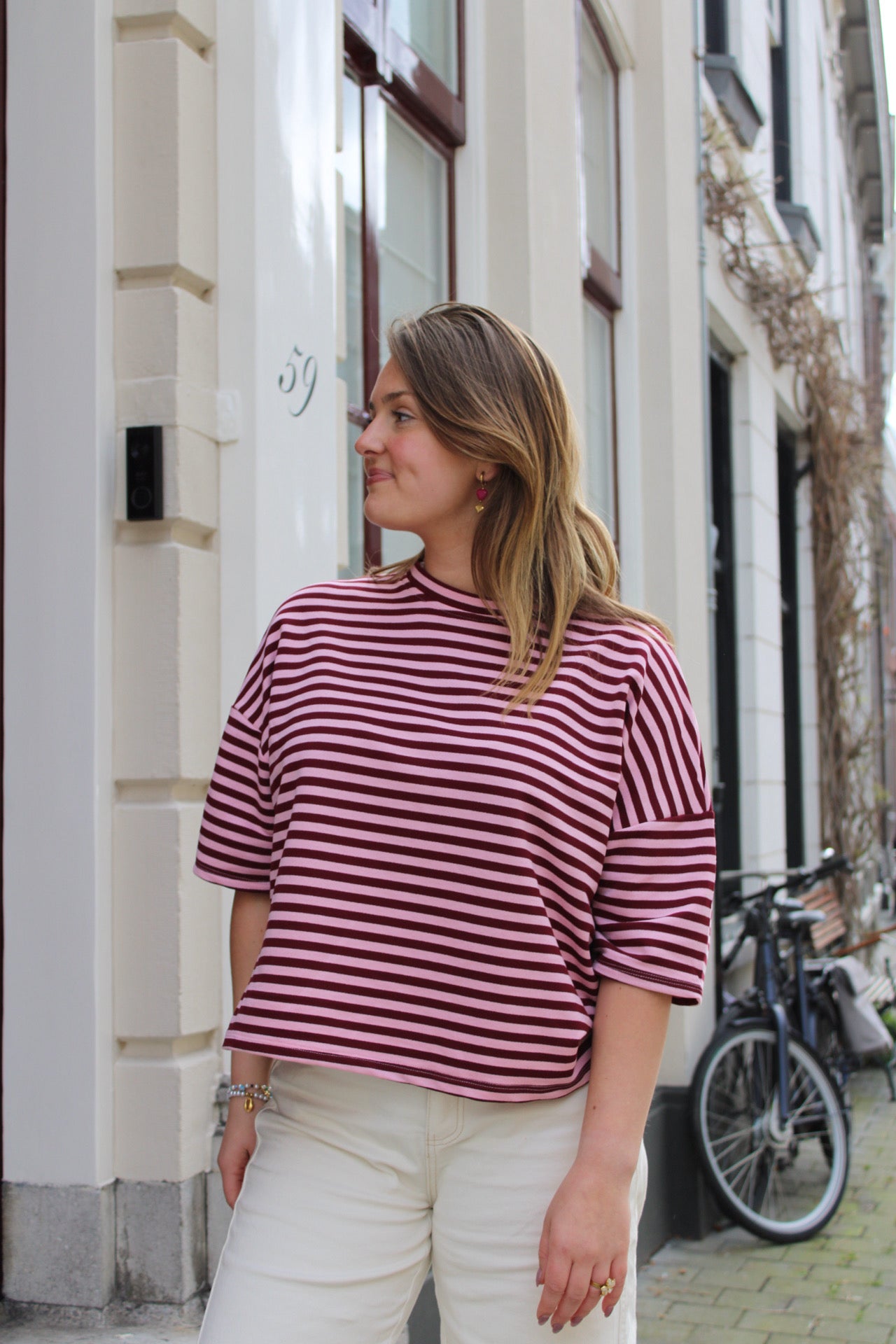 Short Sleeve striped Sweater - Bordeaux /pink