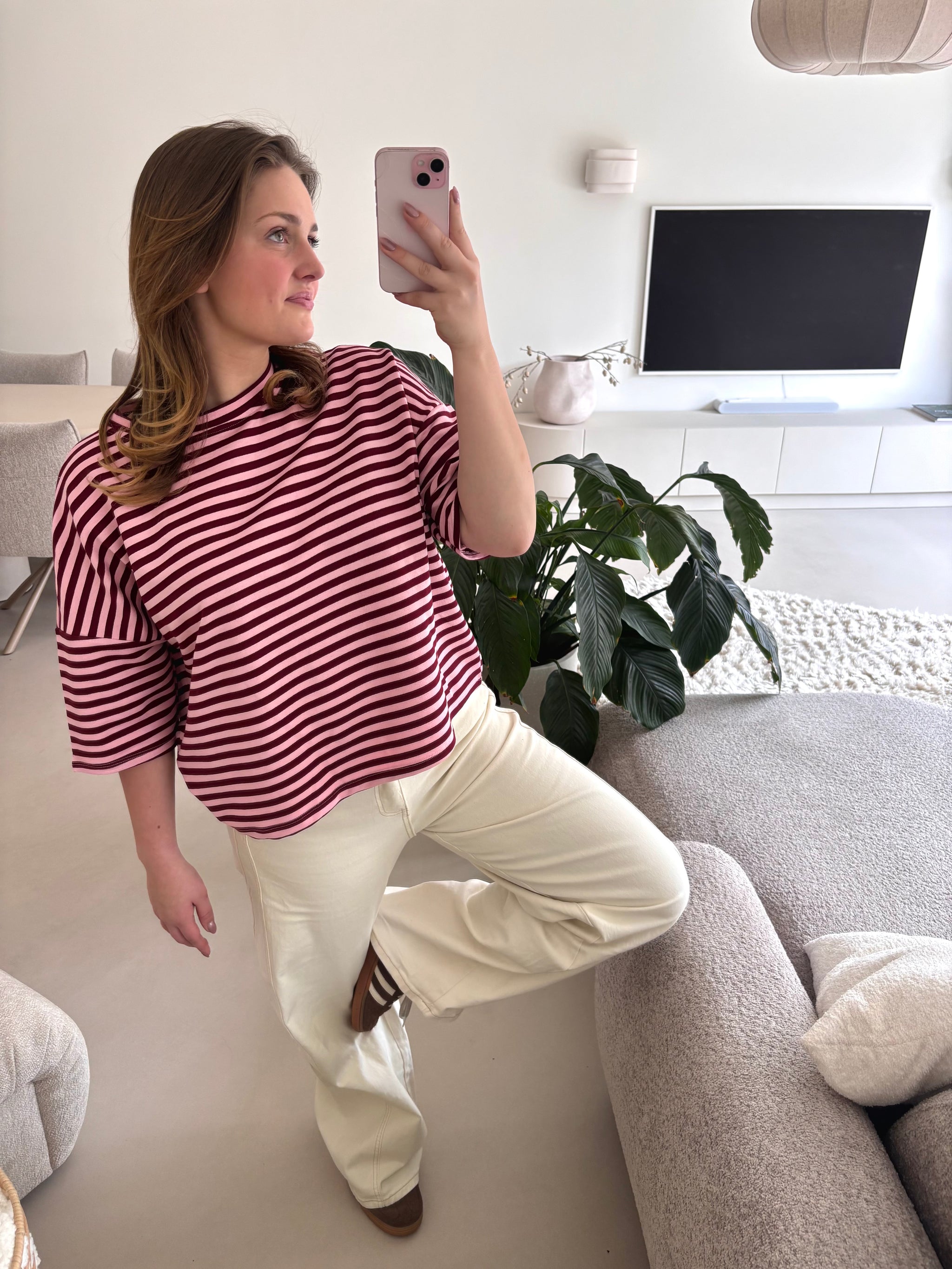 Short Sleeve striped Sweater - Bordeaux /pink