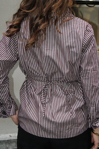 Gestreepte Blouse Dames met Taillekoord – Bruin/Wit | Lozo