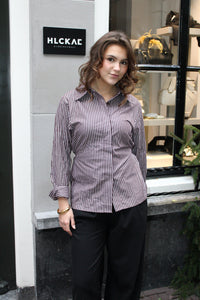 Gestreepte Blouse Dames met Taillekoord – Bruin/Wit | Lozo