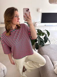 Short Sleeve striped Sweater - green /pink
