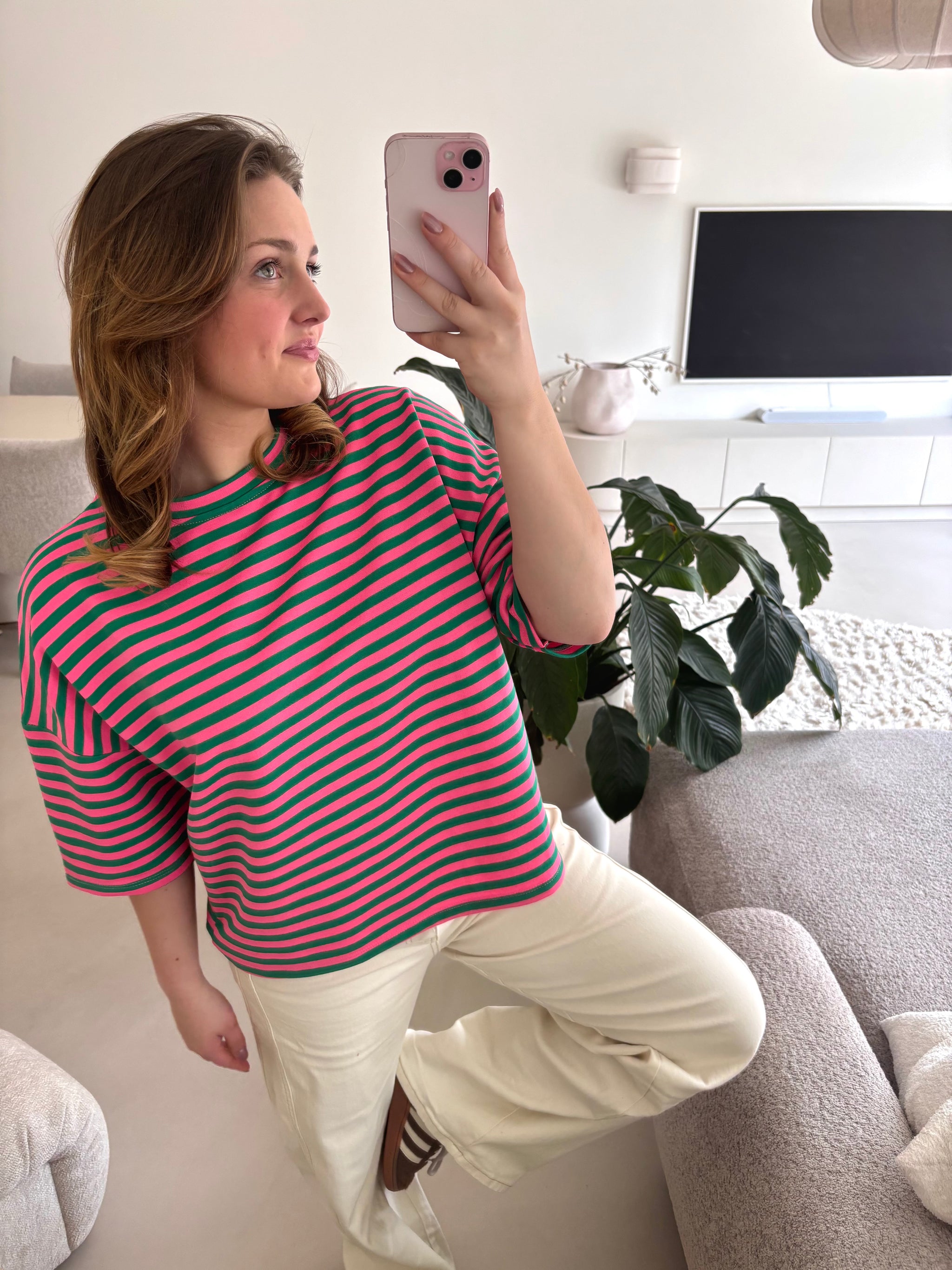 Short Sleeve striped Sweater - green /pink