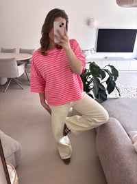 Short Sleeve striped Sweater - pink