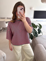 Short Sleeve striped Sweater - green /pink