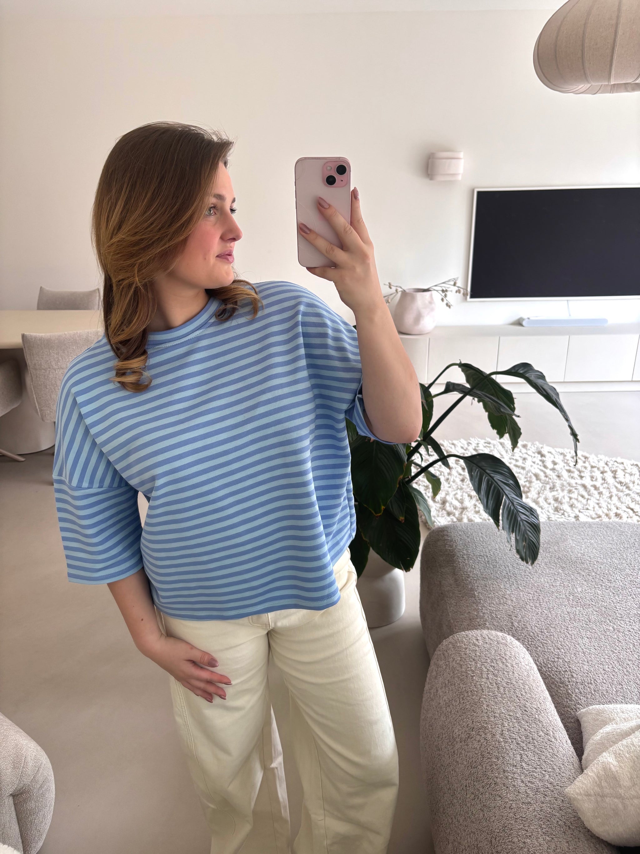 Short Sleeve striped Sweater - blue/cream