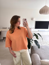 Short Sleeve striped Sweater - orange/cream